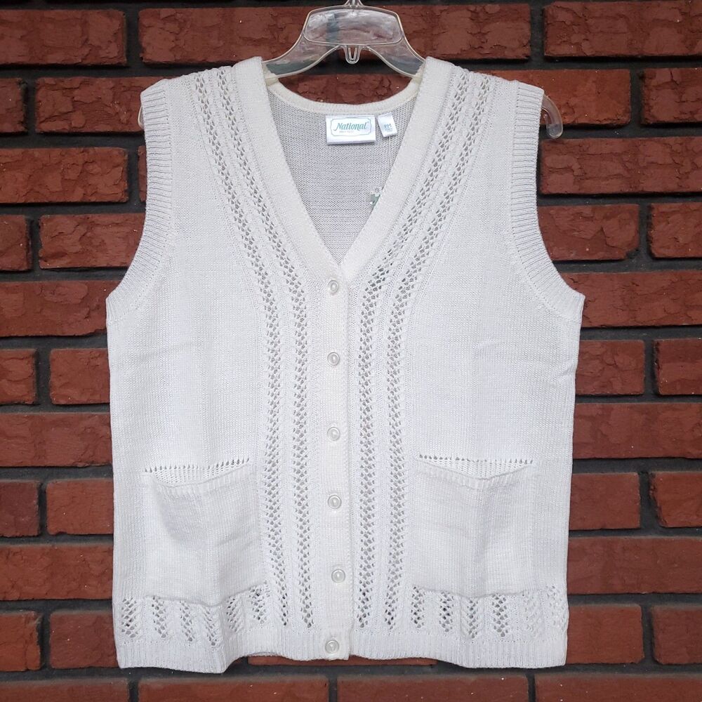 NEW Cream Sweater Vest Sz PM Retro Button Up Pockets Cottage Grandpa Acrylic